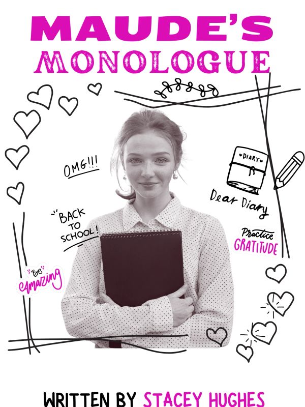 Young woman holding a diary surrounded by motivational doodles.