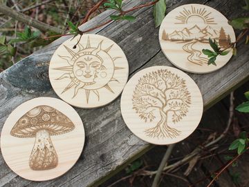 Wooden engraved coaster set with nature inspired engravings