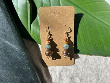 Twisted jade and jasper stone gold coated copper wire wrapped earrings 