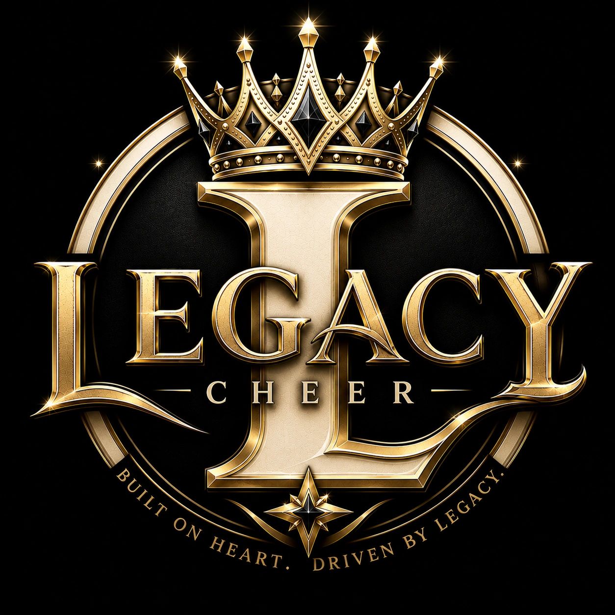 Golden Legacy Cheer logo with crown and motto on black background.