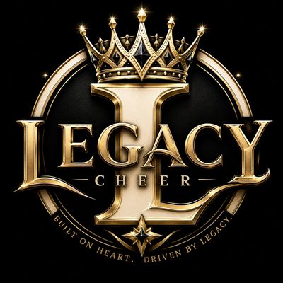 Golden Legacy Cheer logo with crown and motto on black background. Marshfield Youth Cheerleading Legacy Cheer