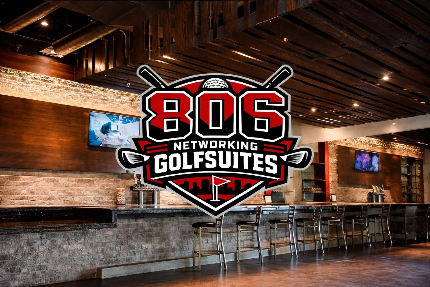 Modern bar interior with wooden ceiling and brick walls at 806 Networking Golf Suites.