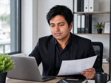 Man working on a laptop holding a document.