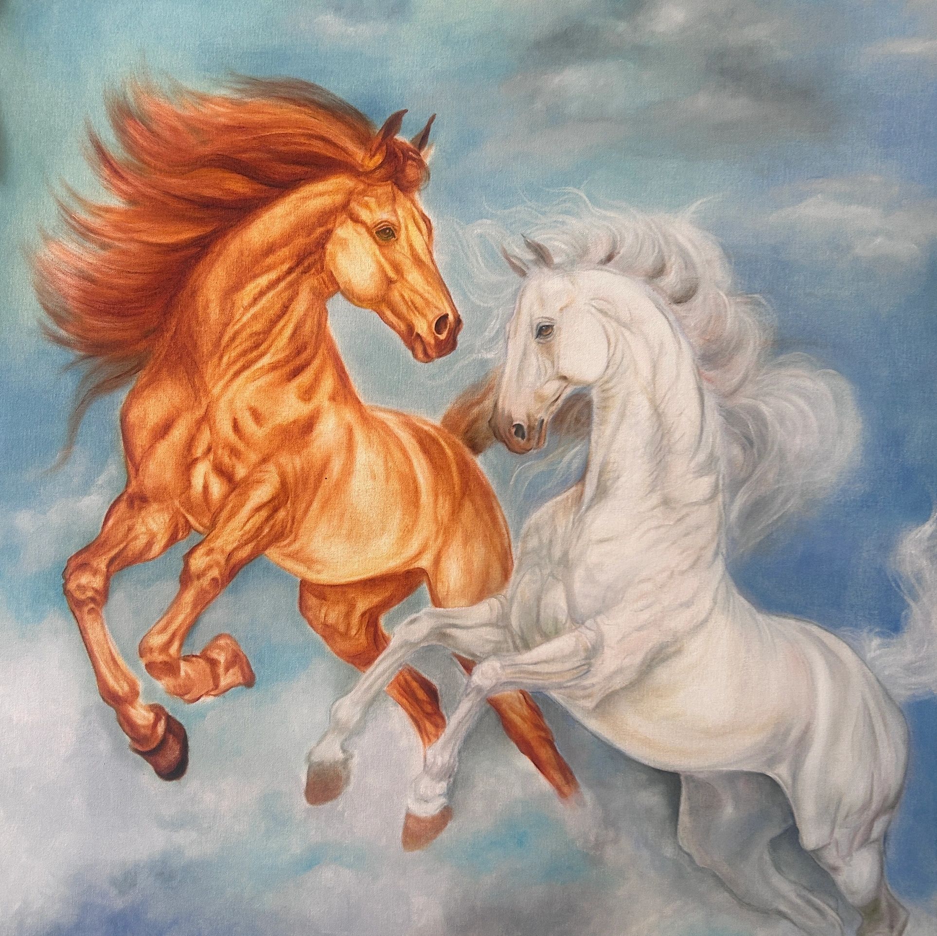Painting of a white and a brown horse rearing against a cloudy sky.