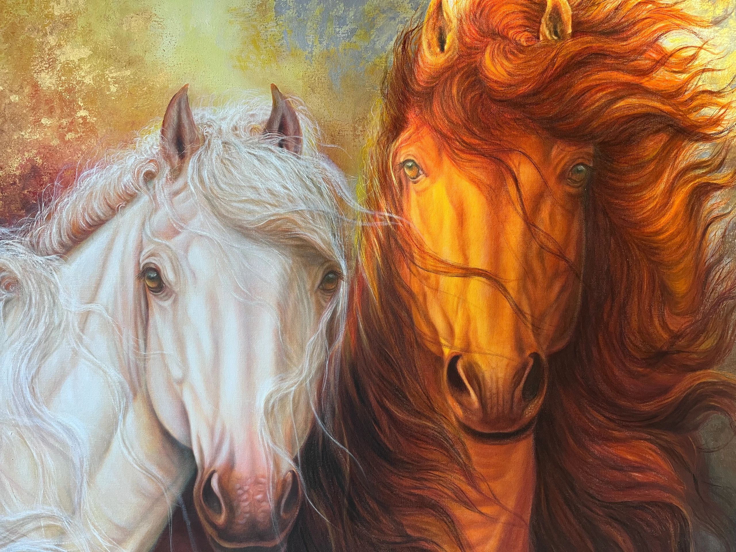 Artistic painting of two horses, one white and one chestnut.