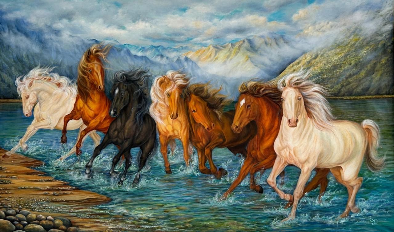 Painting of eight horses running through water with mountains in the background.