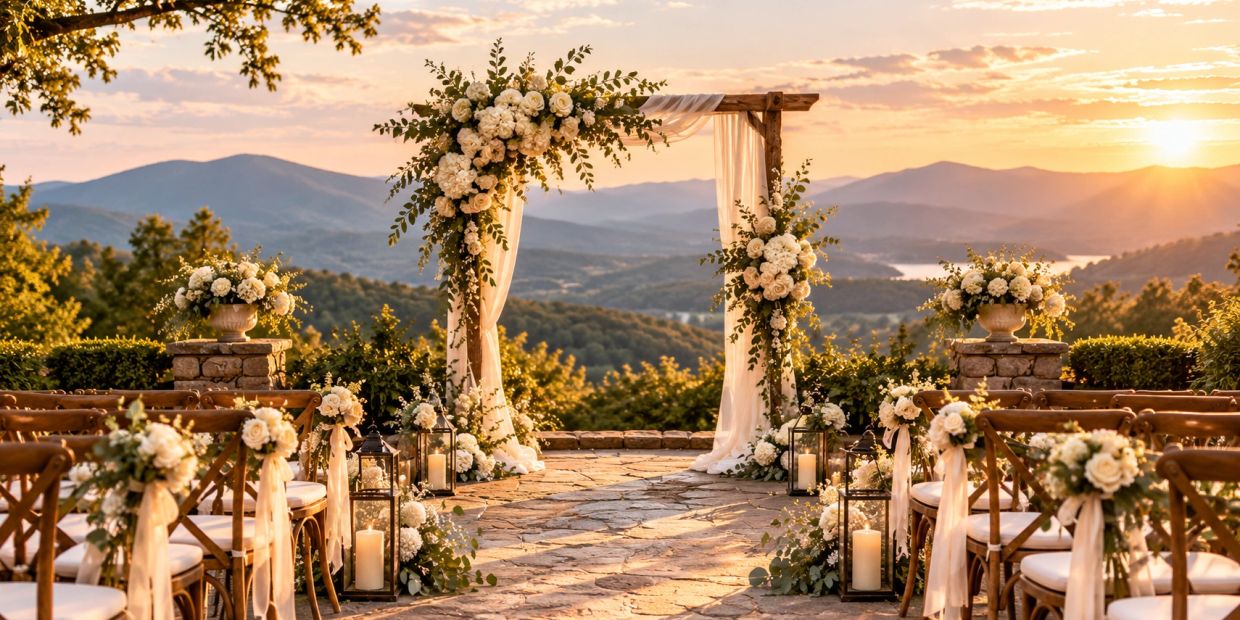 Outdoor wedding setup at sunset with floral decorations.