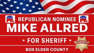 Campaign sign for Mike Allred, Republican nominee for sheriff in Box Elder County.