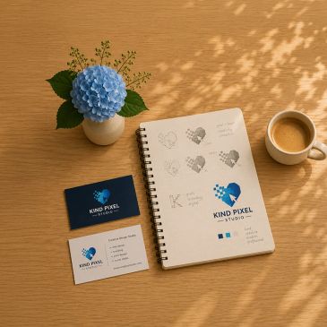 Branding design setup with notebook, business cards, flower, and coffee.