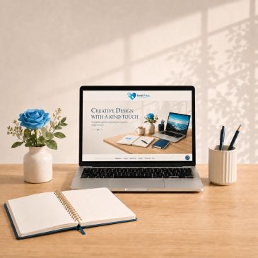 Creative workspace with laptop and notebook.