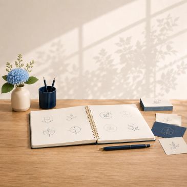 Sketchbook with logo designs on a wooden desk.