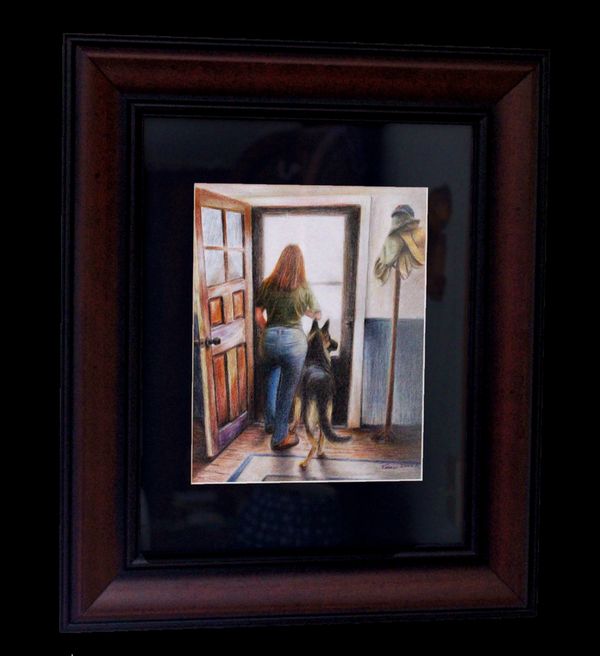 Framed painting of a woman and dog looking out an open door.
