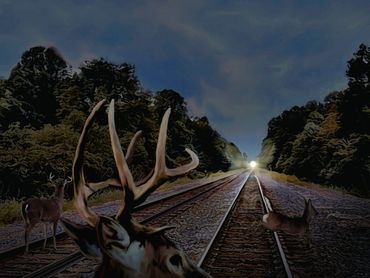 Deer crossing railway tracks at dusk with approaching train lights.