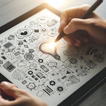 Hand drawing a glowing light bulb surrounded by creative doodles on a digital tablet.