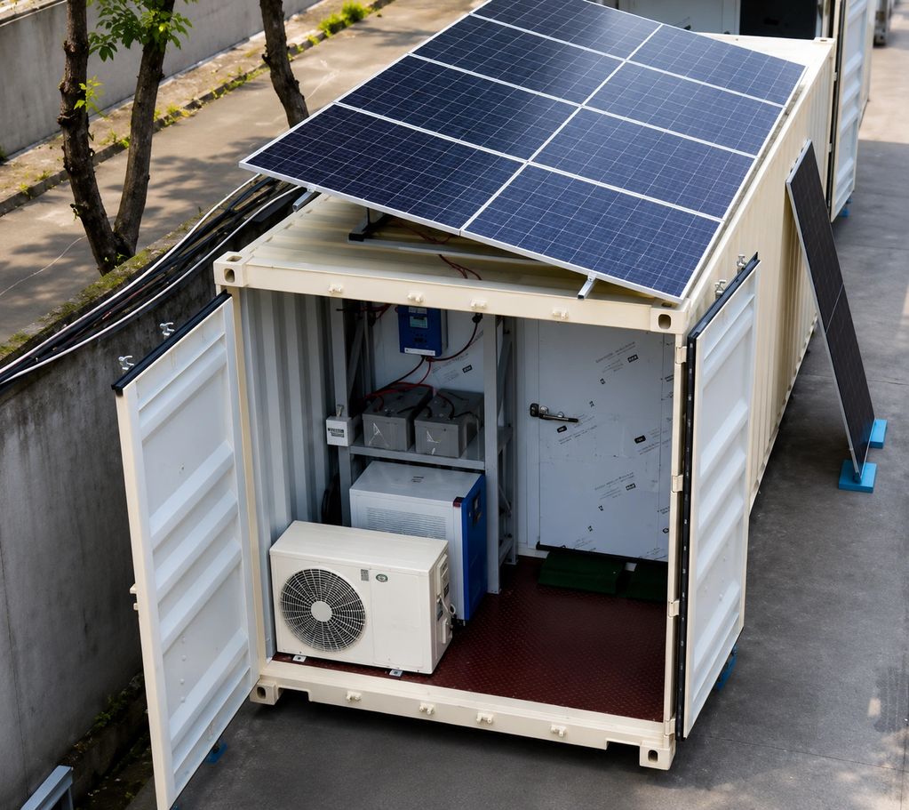 A portable container equipped with solar panels and electrical equipment.