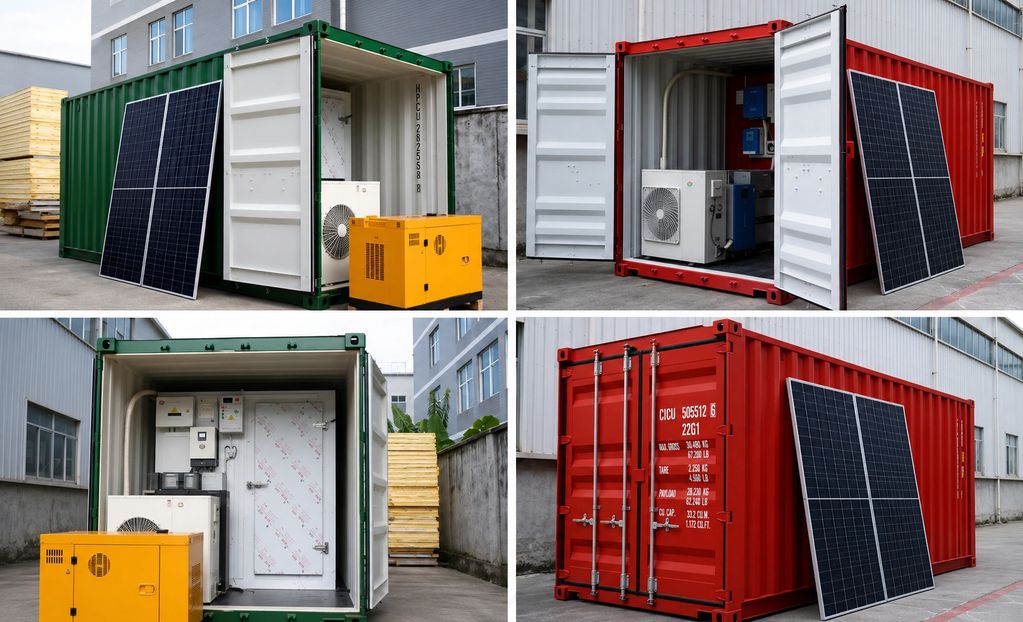Solar-powered containers with solar panels and generators outside.