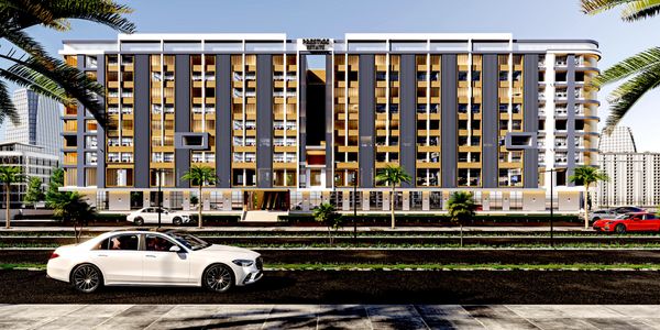 Modern luxury apartment building with cars and palm trees in front.