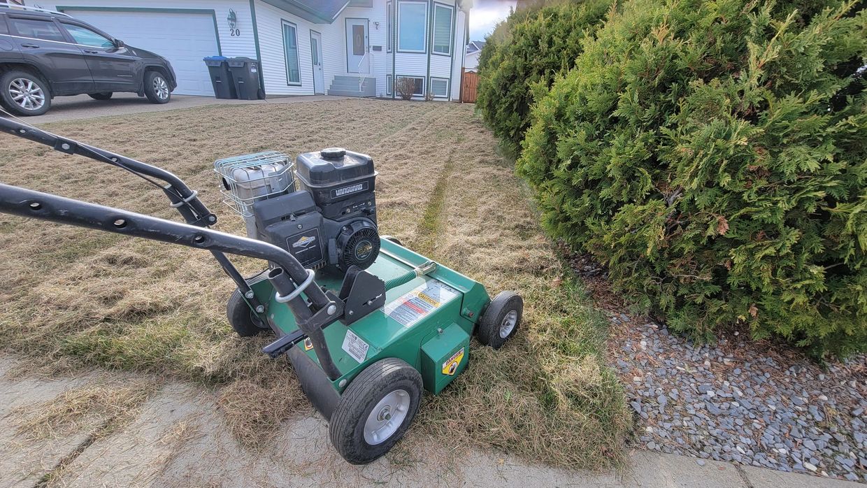 Dethatched lawn with a power Rake sitting in front of the work it has completed.