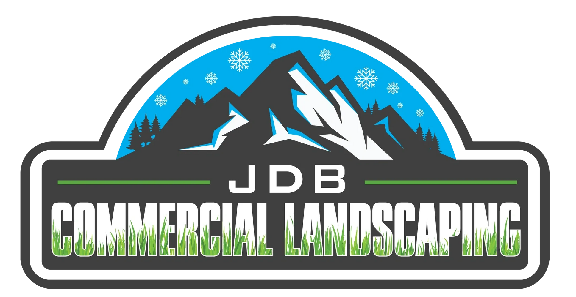 Logo for JDB Commercial Landscaping with mountains and snowflakes.