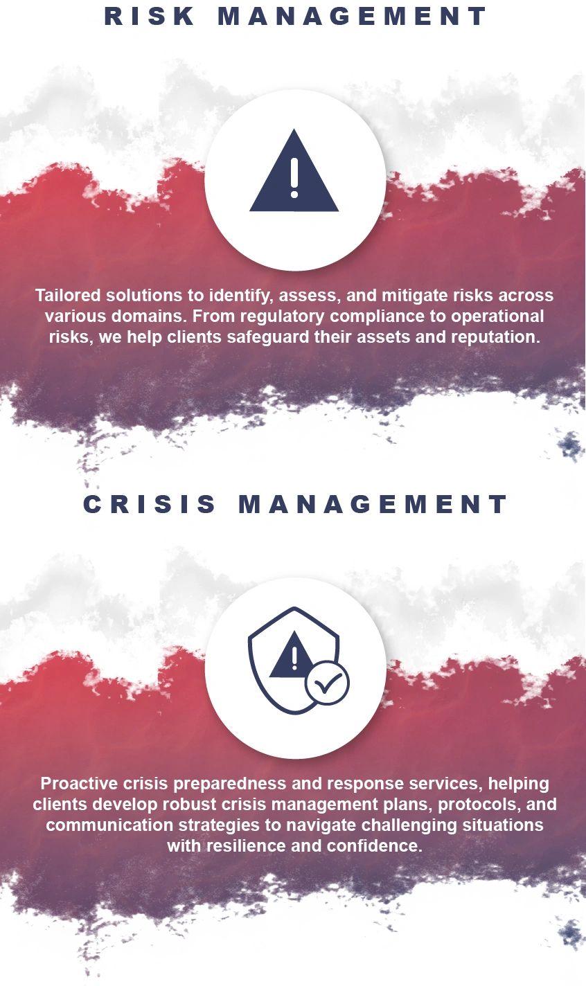 Overview of risk and crisis management services with icons and descriptions.