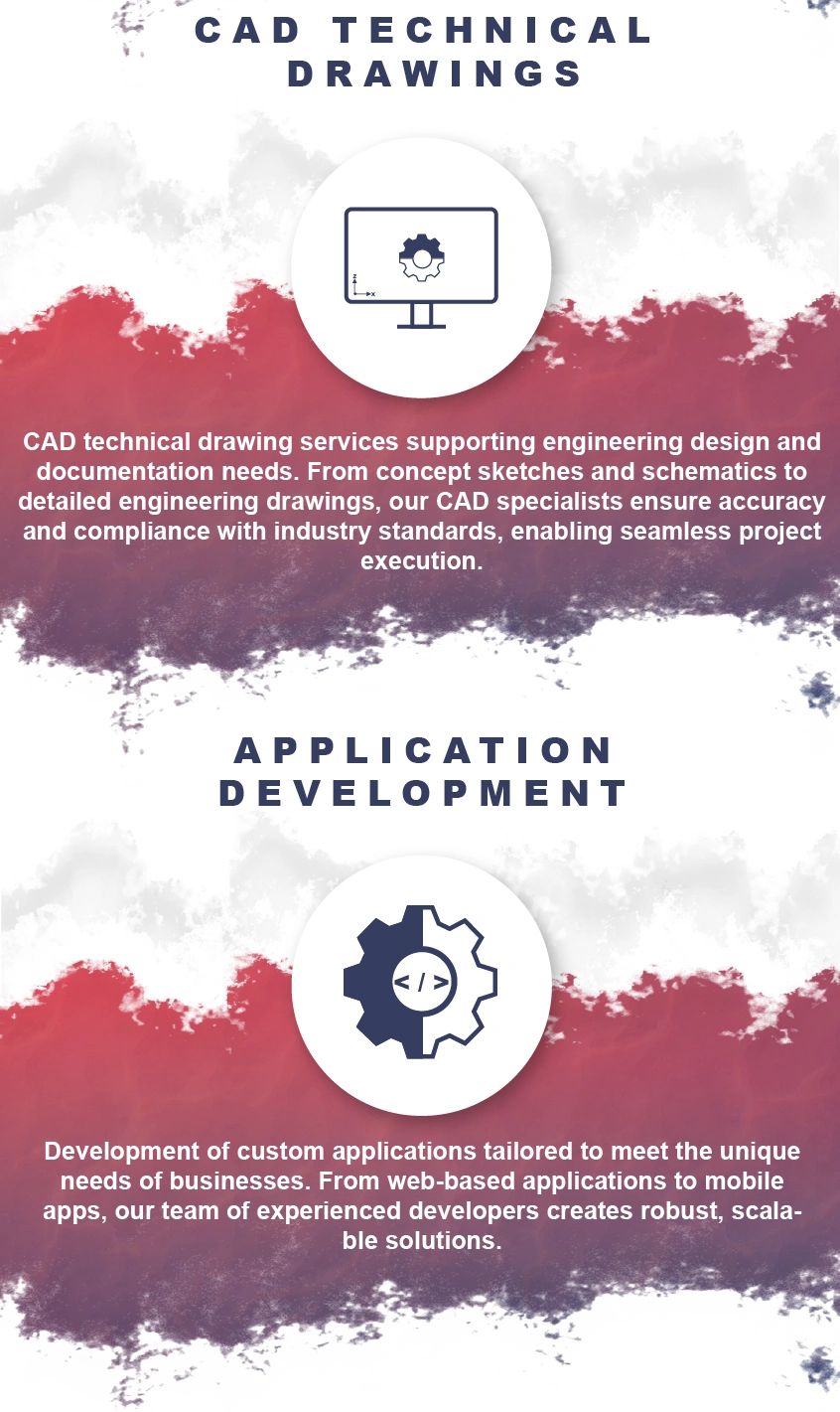 Graphic showing CAD technical drawings and application development services.