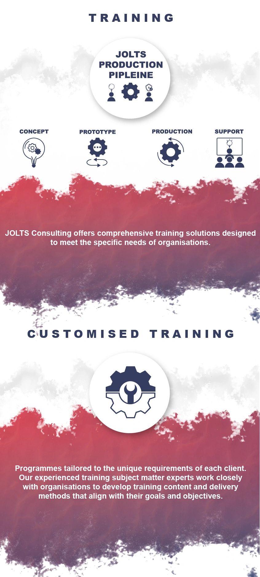 Visual guide to JOLTS Consulting training process and customised training.