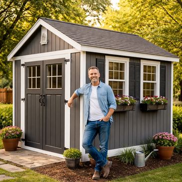 Man leaning against a gray garden shed with flower boxes and potted plants.