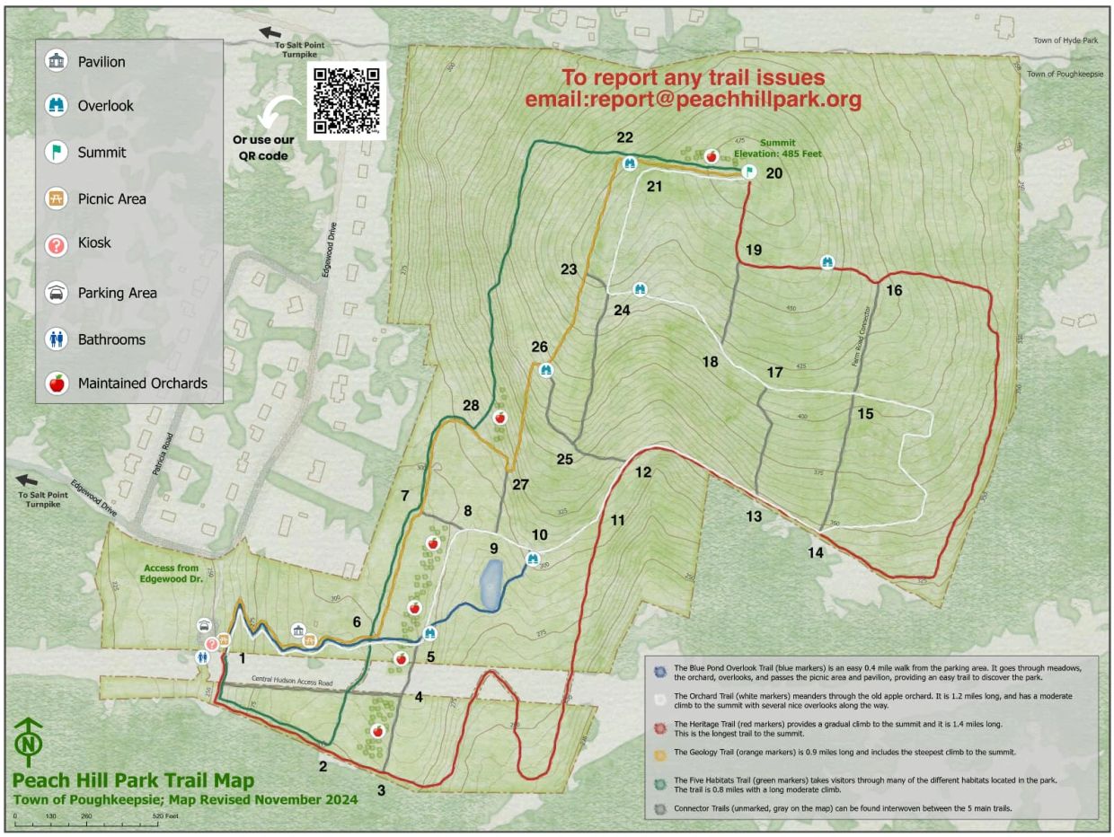 Peach Hill Park trail map with color-coded trails and amenities.