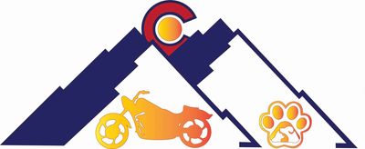 Logo with mountains, a motorcycle, and a paw print under a Colorado flag symbol.