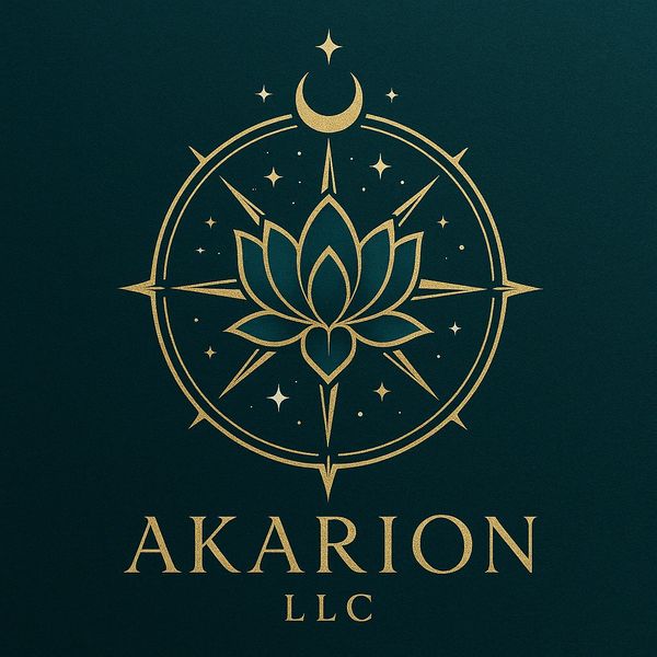 Elegant gold lotus and crescent moon logo for Akarion LLC on dark background.