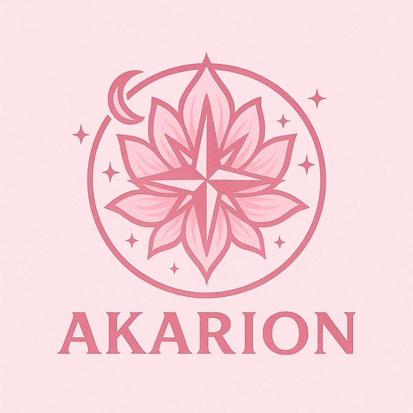 Elegant lotus and crescent moon logo for Akarion LLC on pink background.