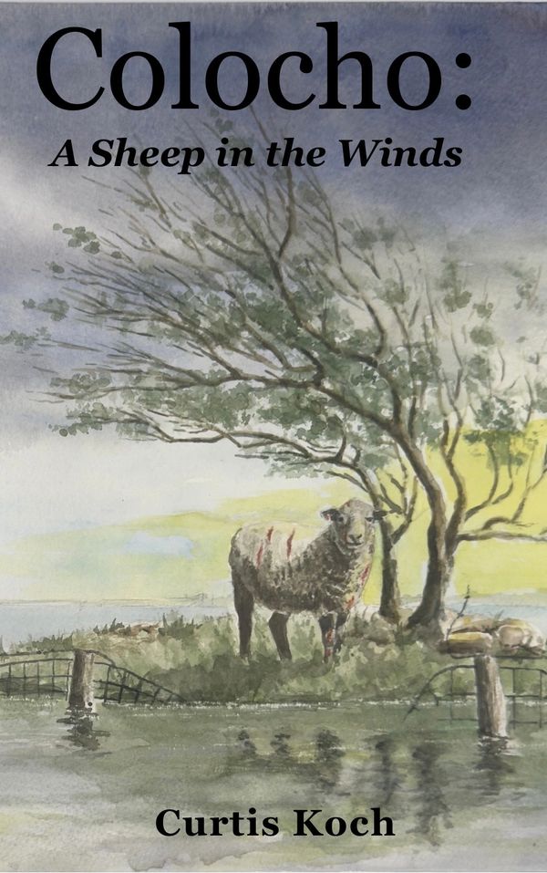 Book cover showing a sheep in a windy landscape with trees and water.