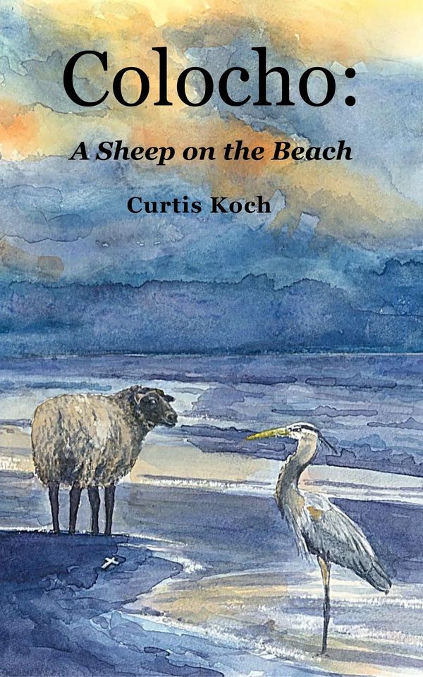 Watercolor book cover with a sheep and a heron on a beach at sunset.