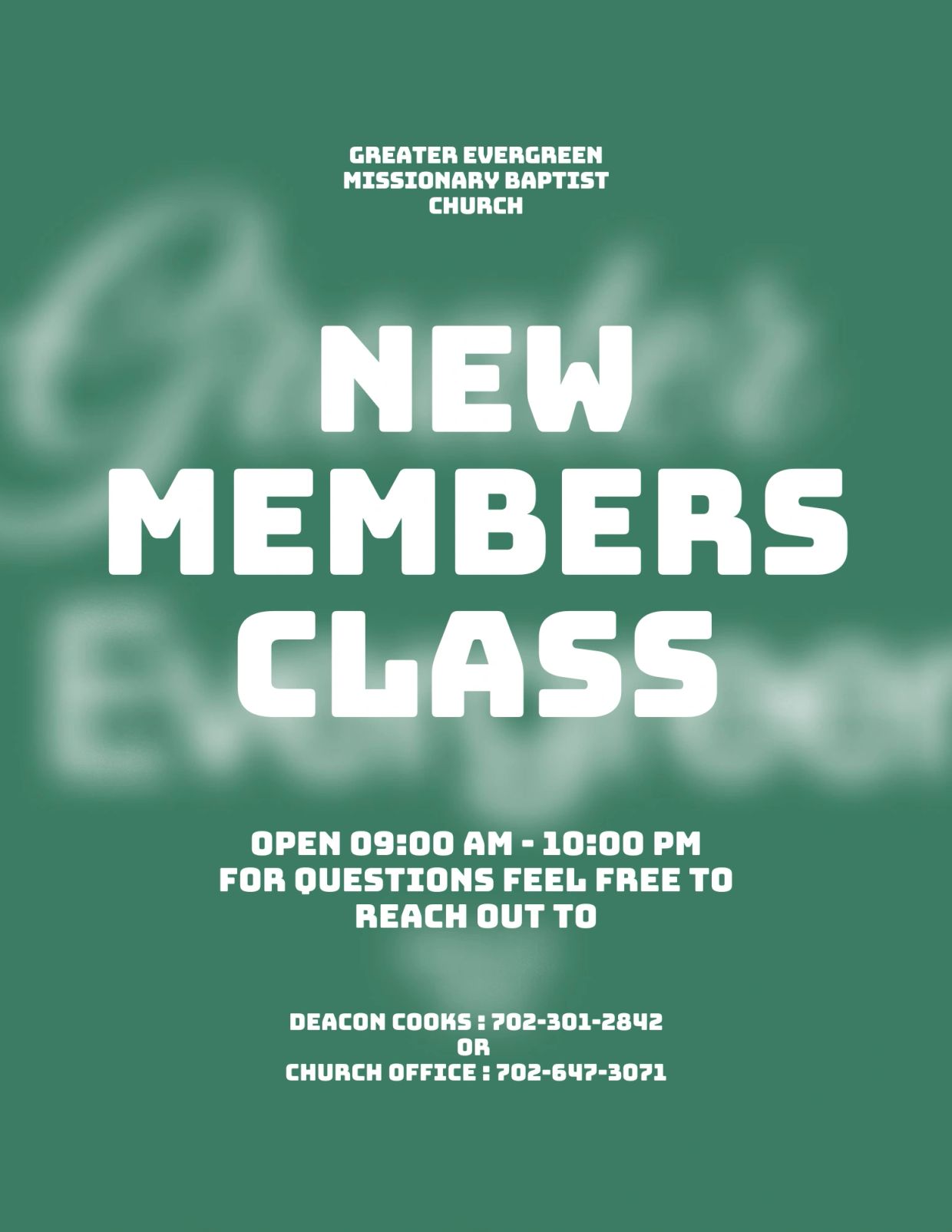 New members class announcement for Greater Evergreen Missionary Baptist Church.