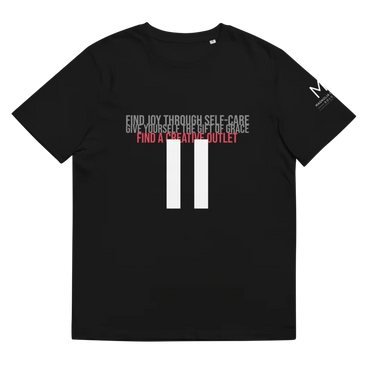 Black t-shirt with two white lines stating find oy through self care