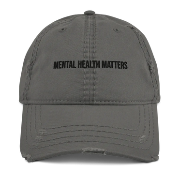 Gray brimmed hat stating mental health matters in black lettering