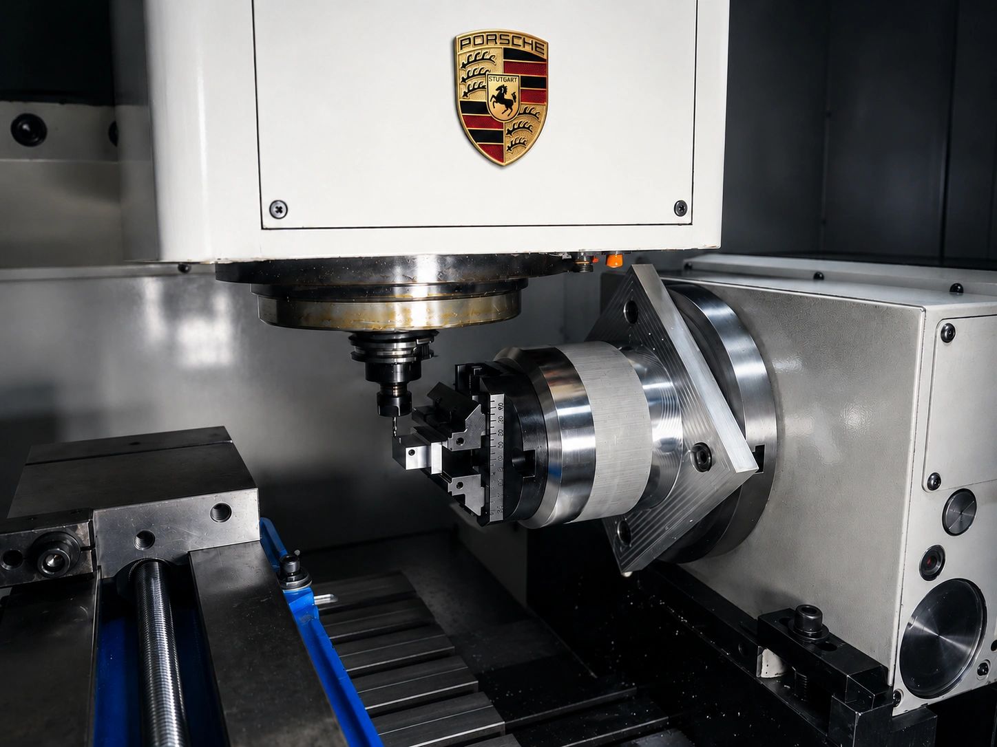 Okuma CNC mill with 4th-axis rotary fixture in a precision machining setup