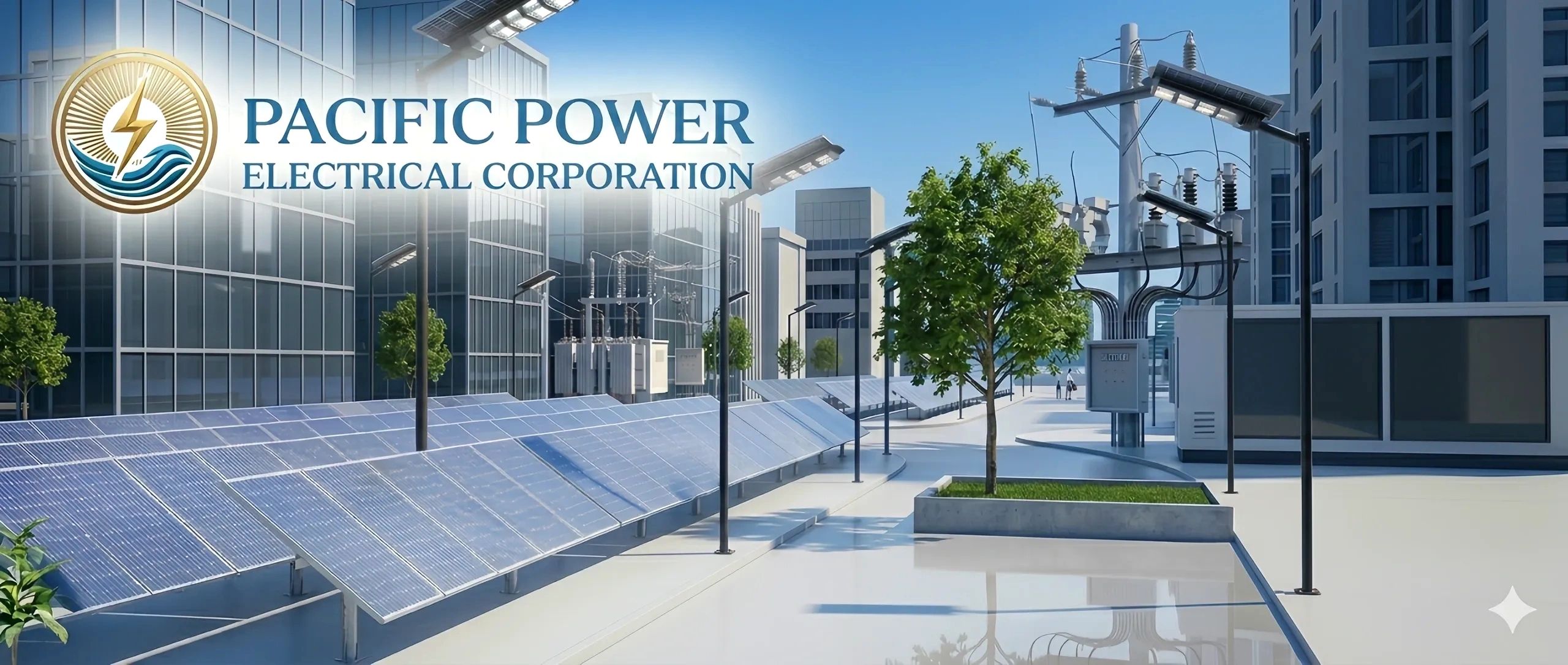 Solar panels and electrical infrastructure in a modern cityscape with Pacific Power branding.