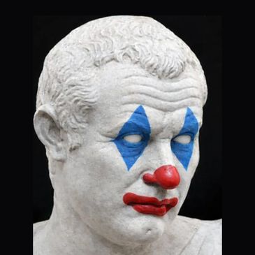 A bust of Roman playwright Plautus in clown makeup.