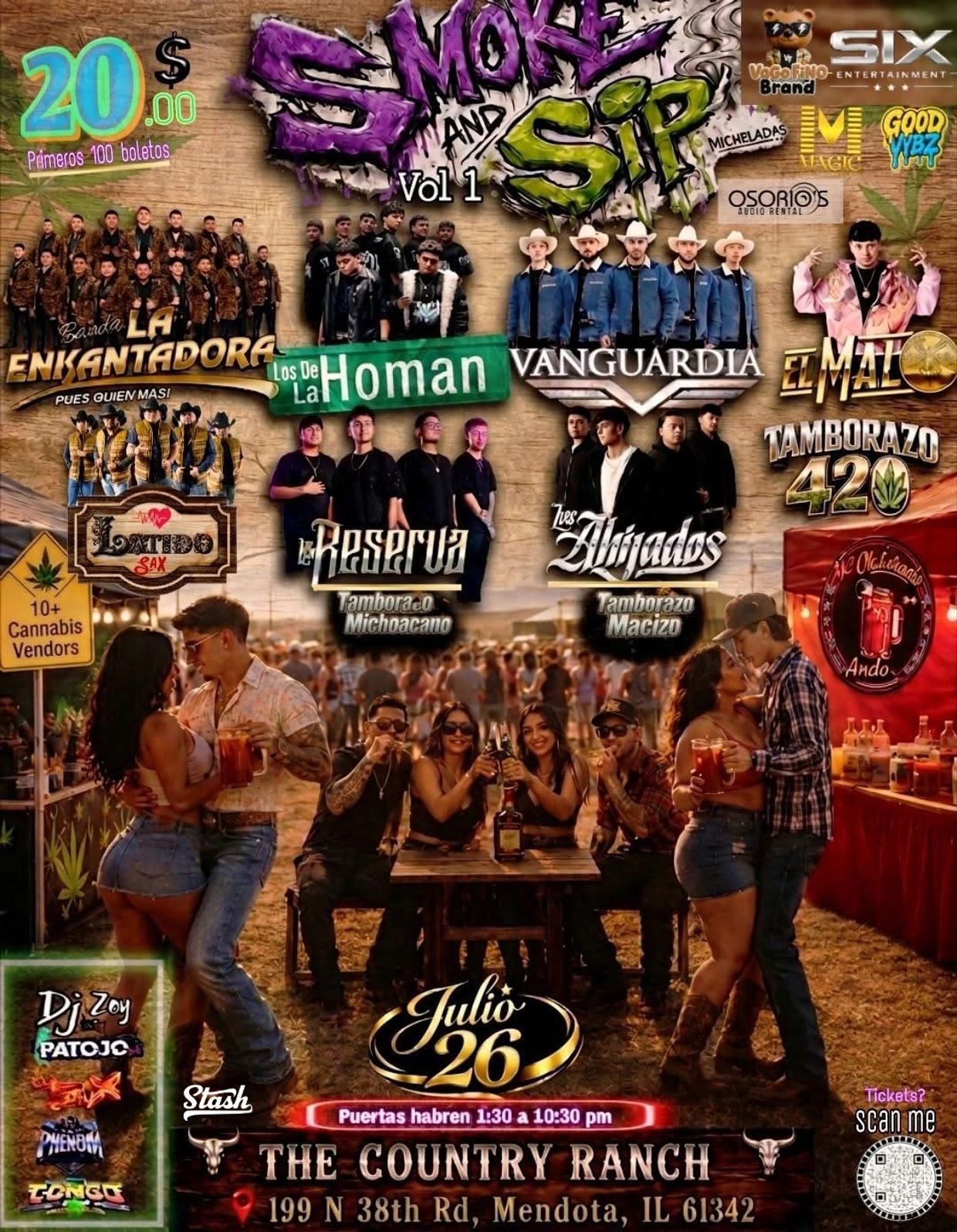Event poster for Smoke and Sip Vol 1 with multiple bands and cannabis vendors.