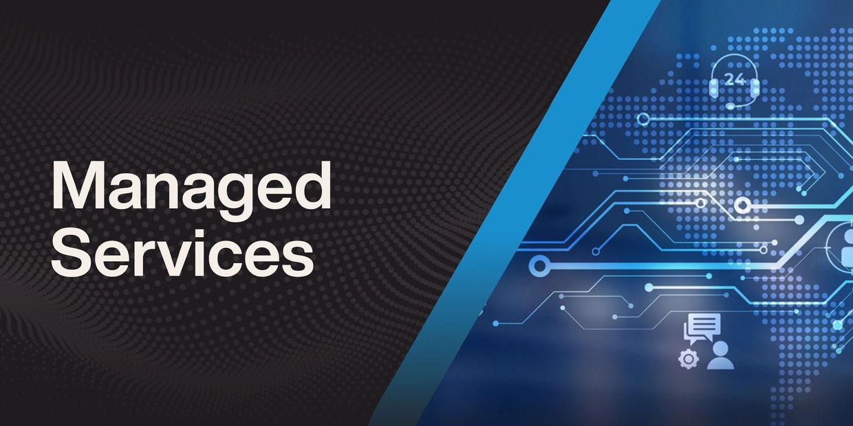 Modern graphic showcasing Managed Services with digital and tech icons.