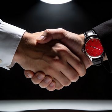Close-up of a handshake between two people, one wearing a red watch.