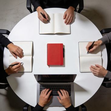 Four people at a round table with notebooks and a laptop, engaged in writing and typing.