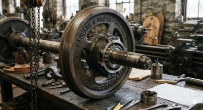 Vintage metal lathe and machinery in a workshop.