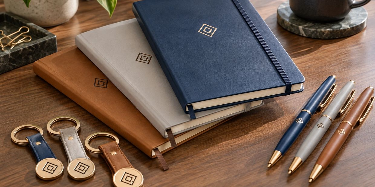 Elegant notebooks, pens, and keychains on a wooden desk.
