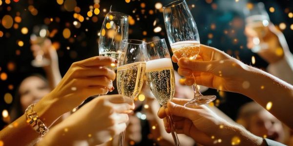 People clinking champagne glasses in celebration.
