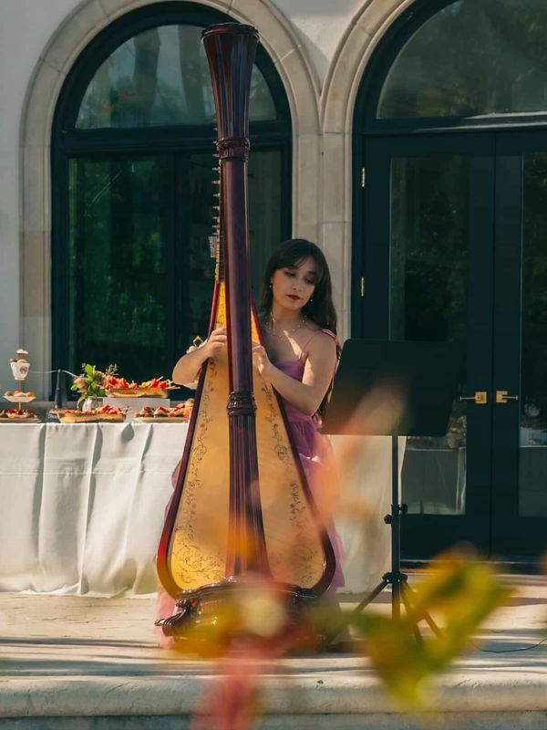 A woman in a pink dress plays a large harp outdoors.