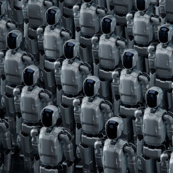 A large group of identical humanoid robots standing in formation.