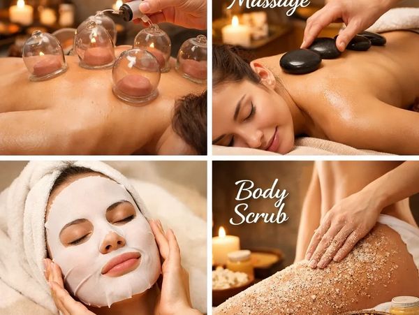 Spa treatments include cupping, hot stone massage, facial mask, and body scrub.