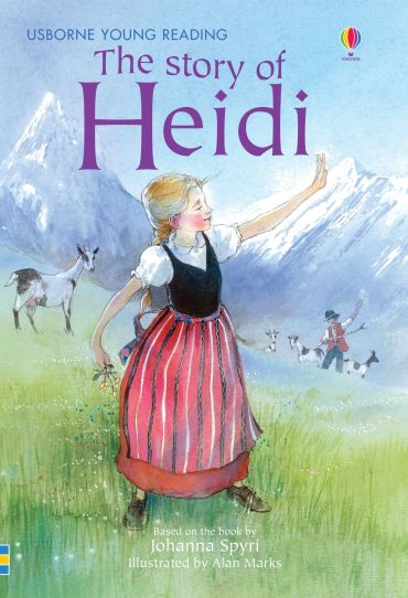 Book cover of The Story of Heidi with a girl in traditional clothing.